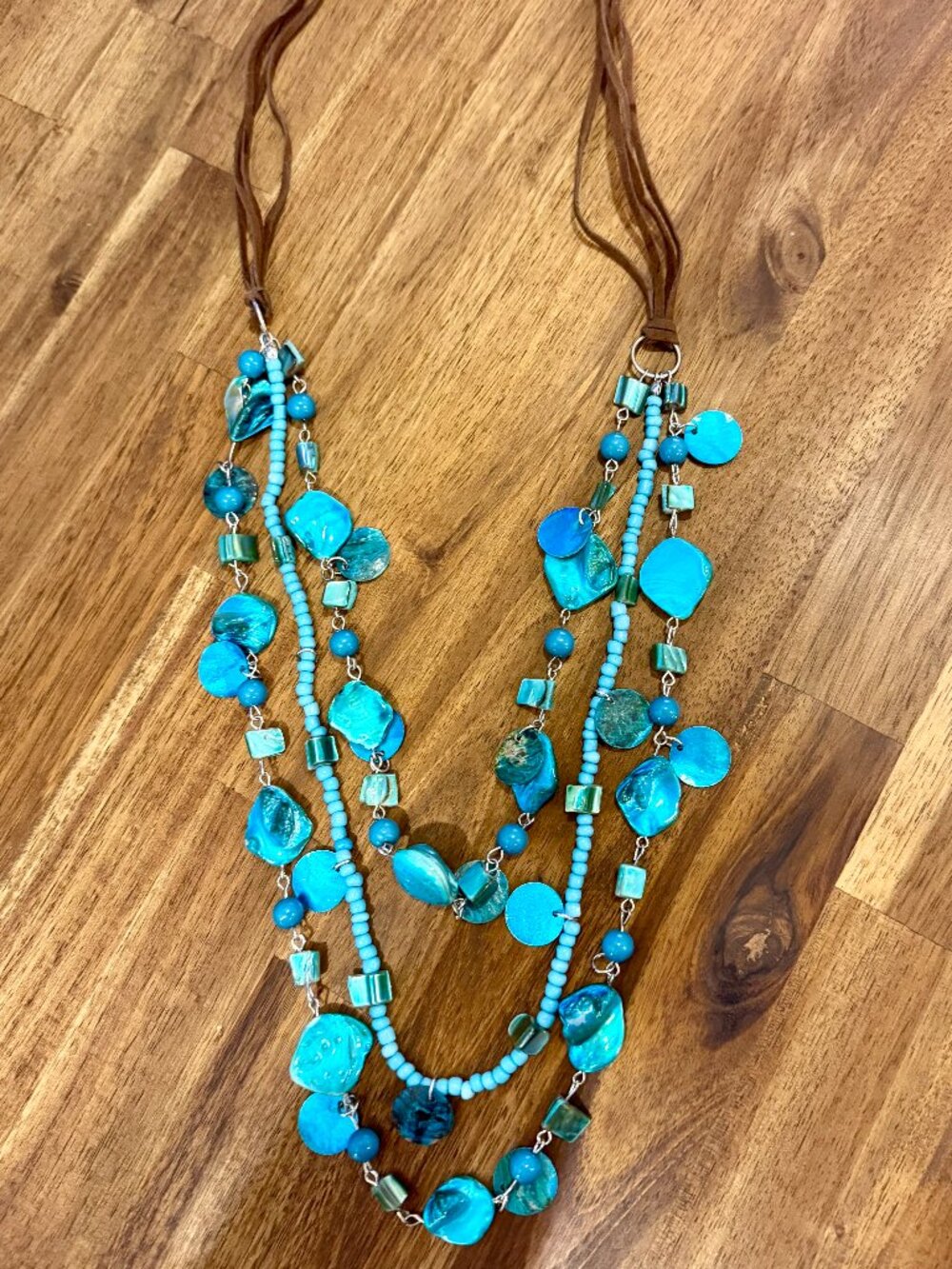 Boho Turquoise Multi Strand Statement Necklace Brown Suede Cord